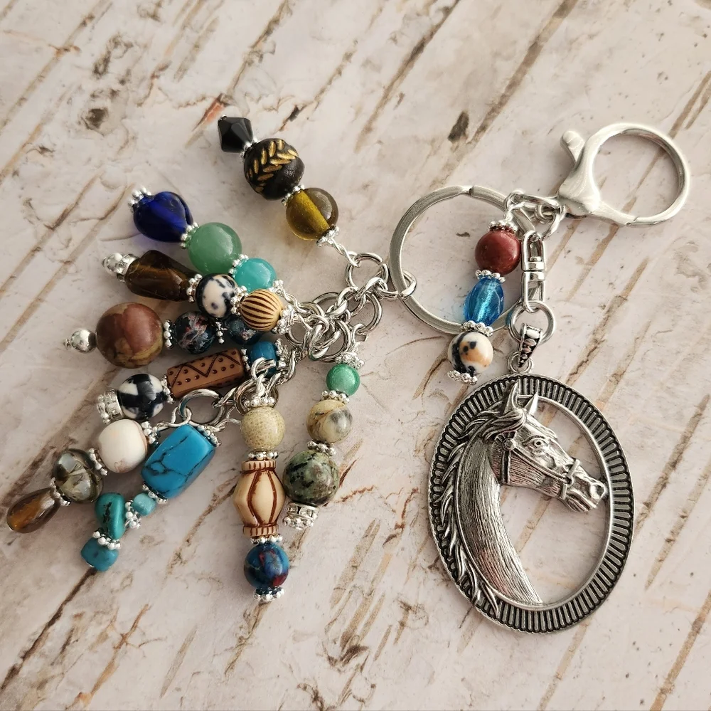 Horse Cameo Purse Charm or Keychain Howlite Aventurine Jasper Handcrafted